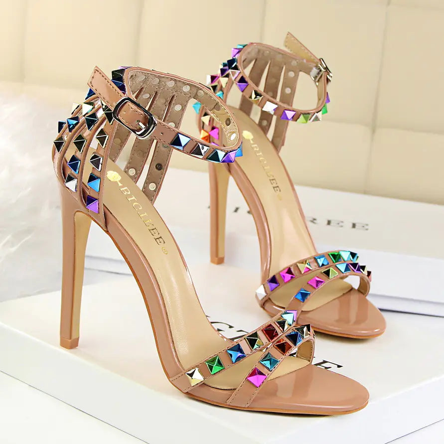 Roman Style Women's High Heels with Colorful Studs