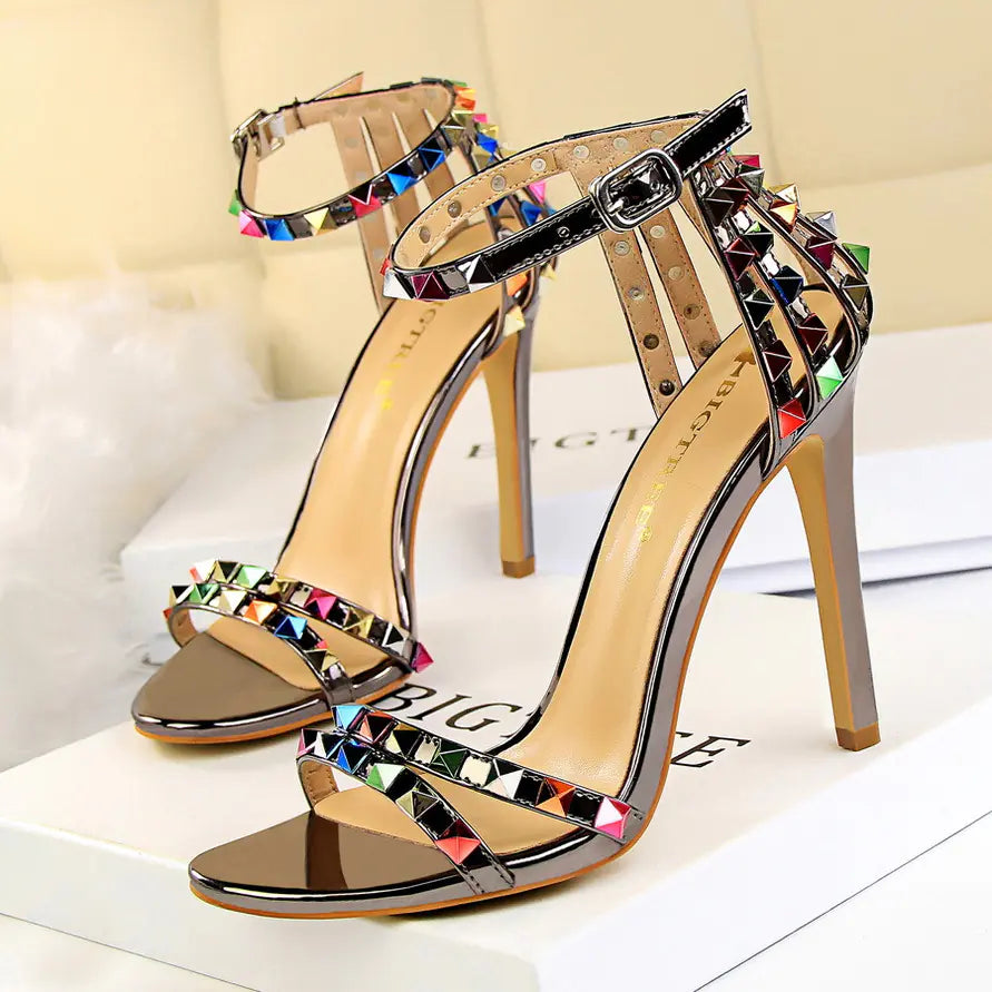 Roman Style Women's High Heels with Colorful Studs