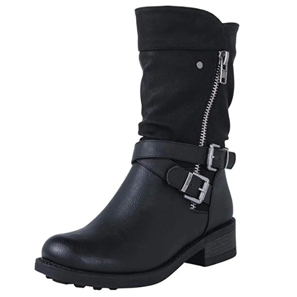 Large Women's Martin Boots with Belt Buckle, Flat Heel
