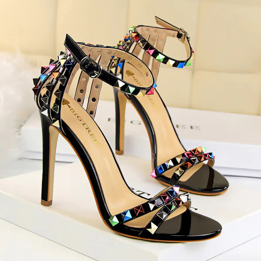 Roman Style Women's High Heels with Colorful Studs