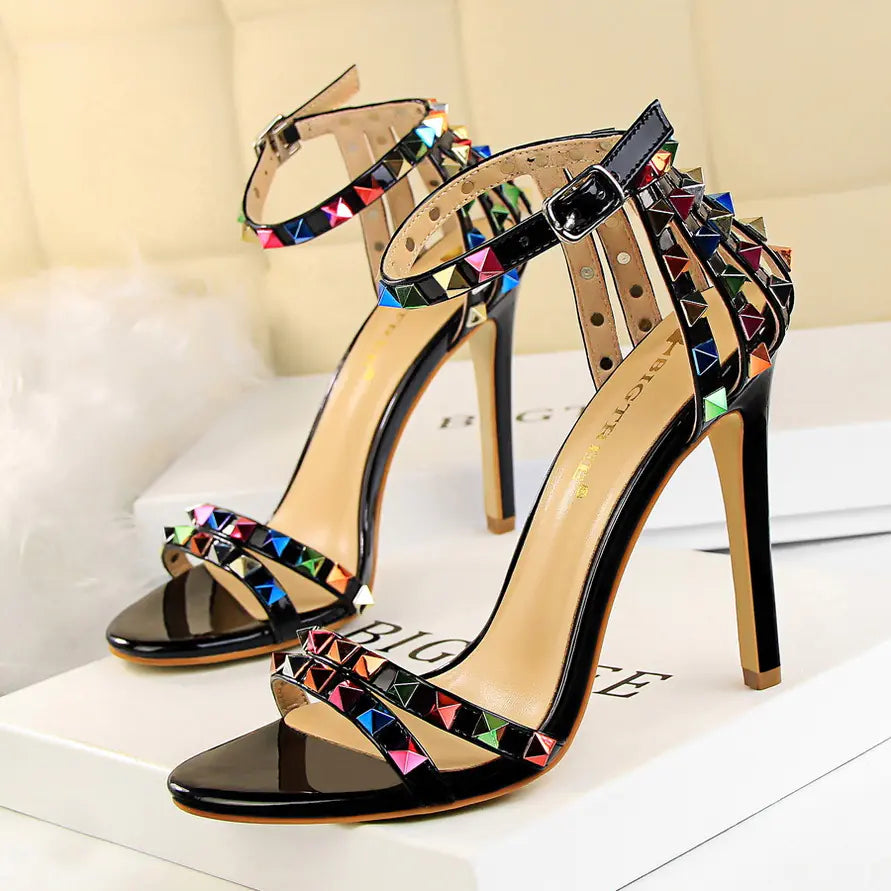 Roman Style Women's High Heels with Colorful Studs