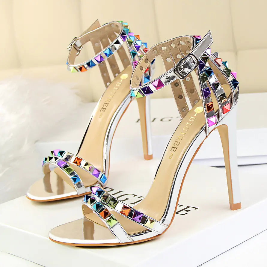 Roman Style Women's High Heels with Colorful Studs