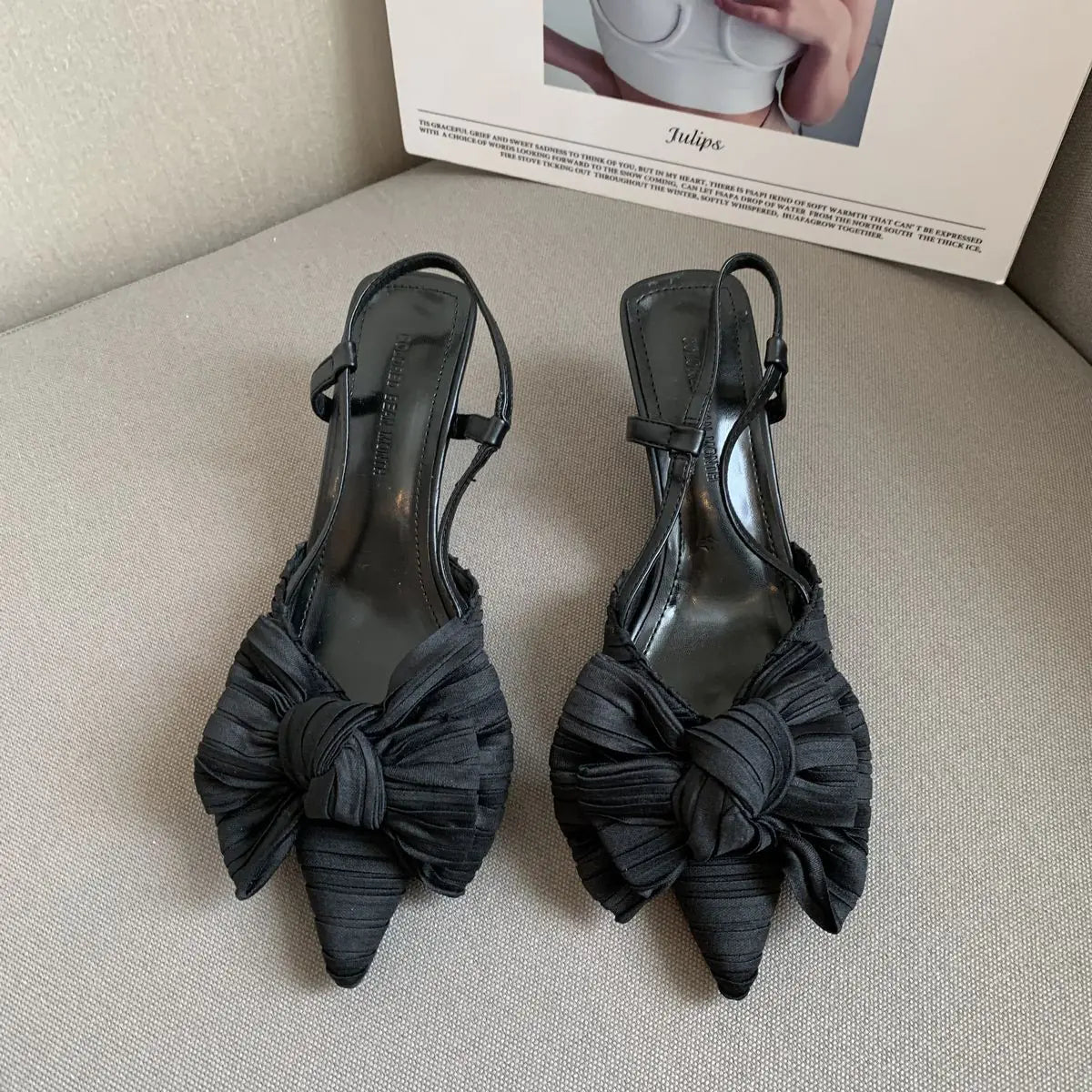 Pointed Toe Bow Stiletto Heels in Microfiber