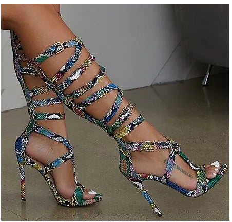 Summer Roman Style Colorful Snakeskin High Heels Sandals