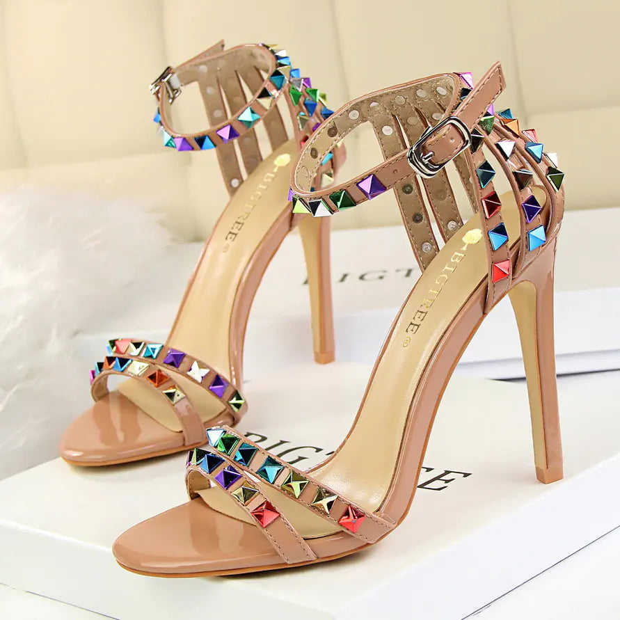 Roman Style Women's High Heels with Colorful Studs